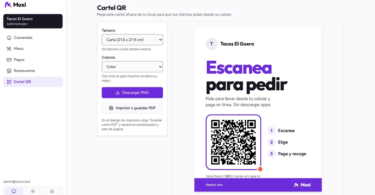 Pantalla Cartel QR del panel: elige el tamaño y descarga o imprime el cartel con el código QR