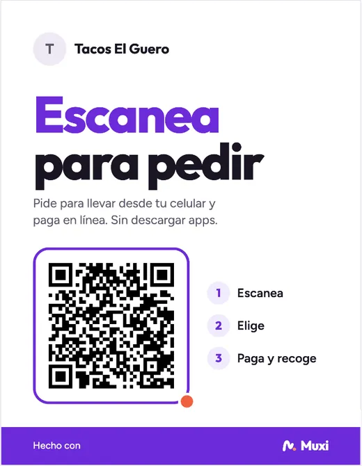 Cartel impreso con el texto “Escanea para pedir” y un código QR