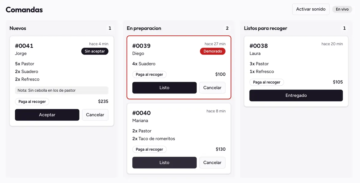 Pantalla de pedidos del restaurante en una laptop: tres columnas, nuevos, en preparación y listos para recoger