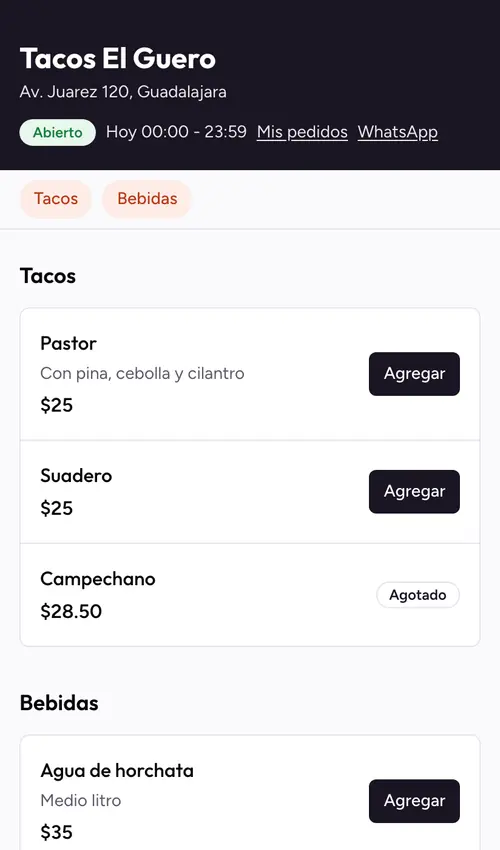 Página de pedidos de un restaurante de ejemplo en un celular: menú de tacos y bebidas con el botón Agregar