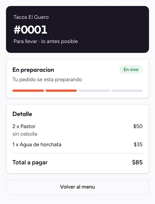 Seguimiento del pedido en un celular: el pedido va en preparación, con una barra de avance