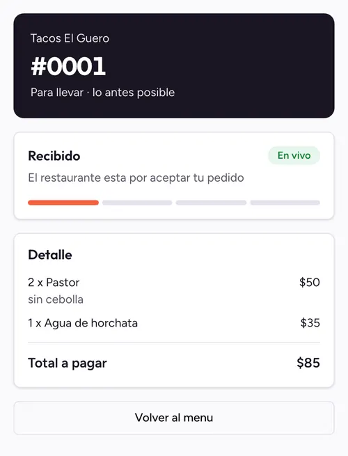 Seguimiento del pedido en un celular: el pedido fue recibido y se muestra el detalle y el total